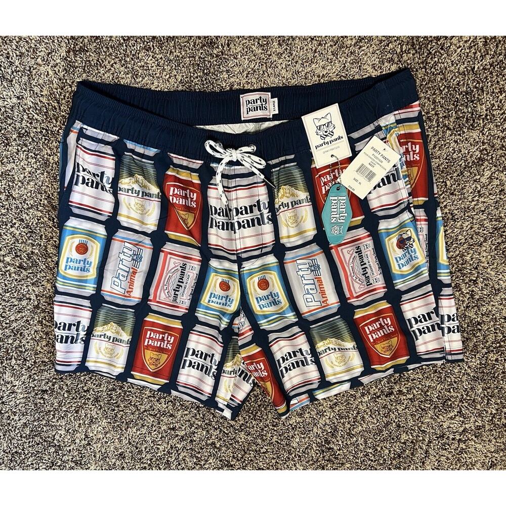 Party Pants Swim Trunks Board Shorts Mens XL Beer Cans Drawstring & Elastic NWT - Picture 6 of 8